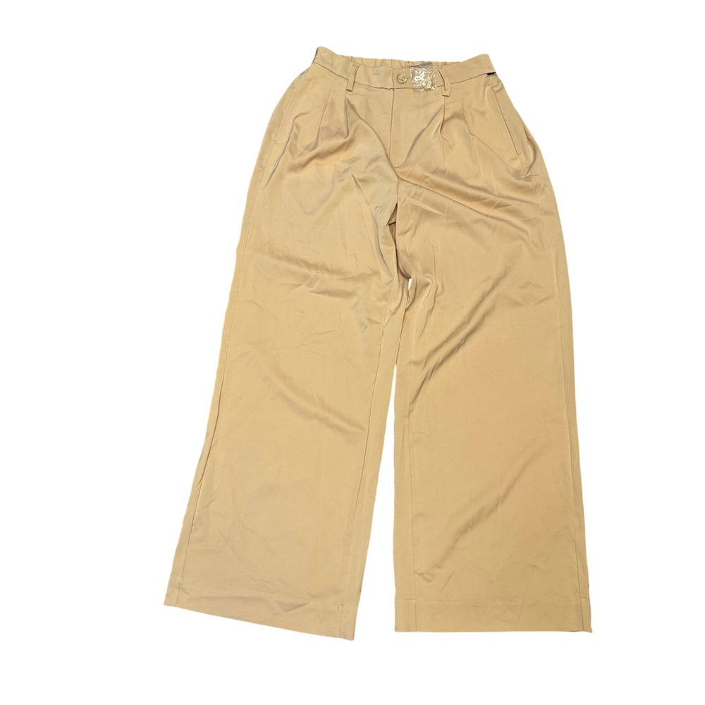 One 5 One Satin Collection Tan Beige Wide Leg Pleated Trousers Pants Size 10 NEW
